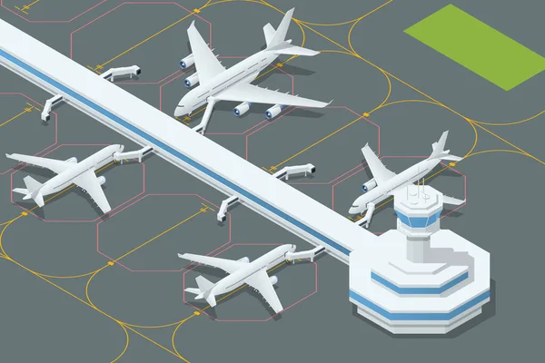 Aeroporto Isométrico com muitos aviões. Indústria aeronáutica. Avião de passageiros Jet estacionado em uma rampa de embarque —  Vetores de Stock