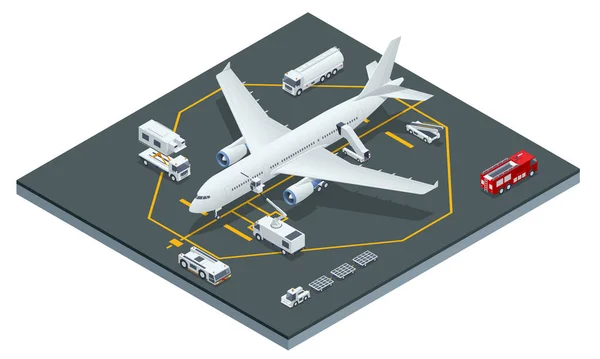 Aviões de passageiros isométricos em manutenção de motor e reparação de fuselagem. Reparação e manutenção de peças mecânicas — Vetor de Stock