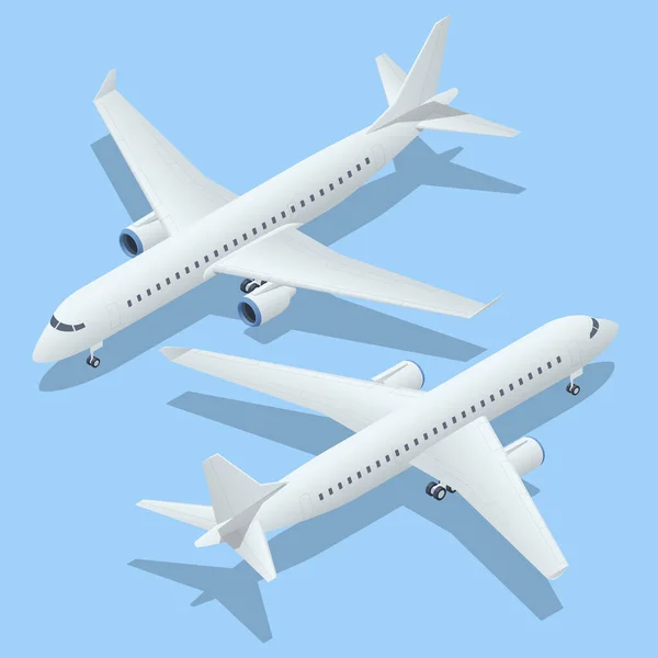 Avions isométriques sur fond bleu. Schéma directeur industriel de l'avion. Avion de ligne en haut. Avion E-Jet — Image vectorielle