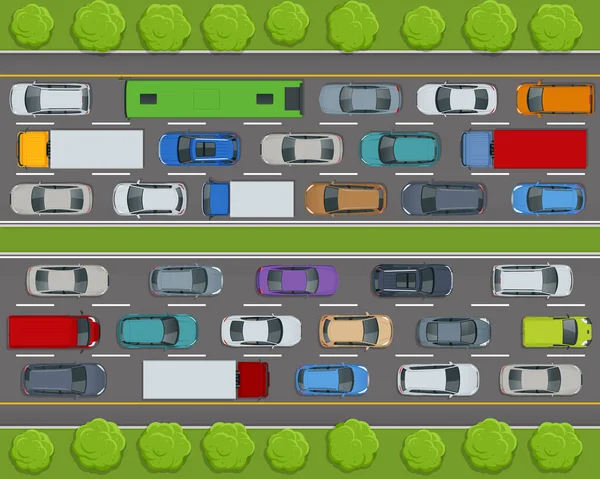 Vista superior de la autopista. Mapa de los coches atasco de tráfico y transporte urbano. — Vector de stock