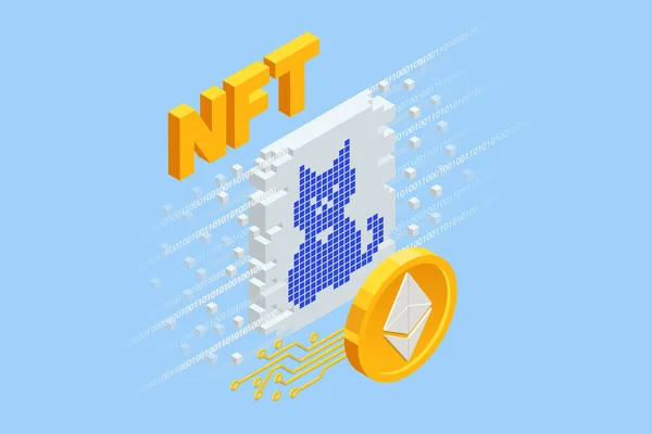 Isometrische NFT Niet-fungibel token is een unieke en niet-uitwisselbare eenheid van gegevens die zijn opgeslagen op een digitale grootboek blockchain. Digitale kunst NFT 's, generatieve kunst — Stockvector