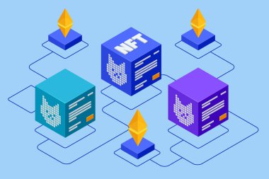 Isometric NFT Non-fungible token is a unique and non-interchangeable unit of data stored on a digital ledger blockchain. Digital art NFTs, generative art clipart