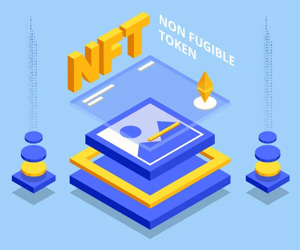 NFT isométrico O token não fungível é uma unidade única e não intercambiável de dados armazenados em um blockchain digital. Arte digital NFTs, arte gerativa —  Vetores de Stock