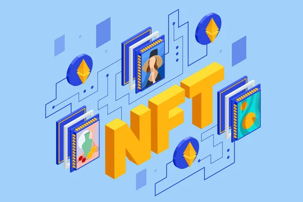 Isometric NFT jeton non fongible est une unité unique et non interchangeable de données stockées sur une blockchain grand livre numérique. Art numérique TVN, art génératif — Image vectorielle