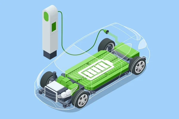 Izometrické doplňování paliva do elektrických automobilů. Napájení pro nabíjení elektrických vozidel. Moderní technologie a péče o životní prostředí — Stockový vektor