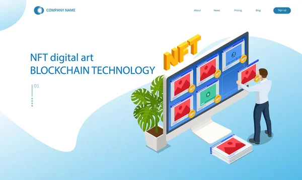 Arte digital isométrica NFTs, arte gerativa. NFT O token não fungível é uma unidade única e não intercambiável de dados armazenados em um blockchain digital. Pagamento online, transação —  Vetores de Stock