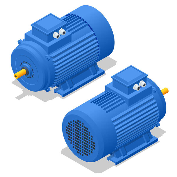 Изометрический электродвигатель, изолированный на белом фоне. Электропитание для зарядки электромобилей. Современные технологии и охрана окружающей среды