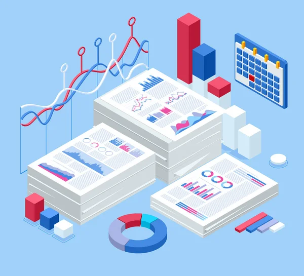 Analyse van marketinggegevens. Isometrische documentmappen van het kantoor. Routine, bureaucratie, big data, papierwerk, kantoor. Bureaucratie. Gegevensanalyse, Bedrijfsstatistiek, Management, Consulting, Marketing — Stockvector