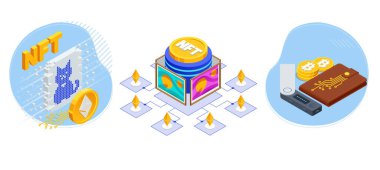 Isometric NFT İade Edilemez Jeton. Sanal sanat ve galeriler engelleme teknolojisi konseptini kullanıyor. NFT şifreleme ve engelleme zinciri