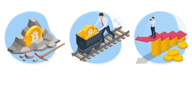 Isometric Bitcoin Kripto Madencilik Çiftliği. Sunucu odası, Bitcoin Madencilik, Süperbilgisayar. Kripto para birimi, Engelleme zinciri