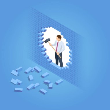 Isometric Duvar 'ı yıkıyor. Soruna alternatif bir çözüm. İşadamı Sorunu Çözdü, Yeni Çözüm, Başarı ve Liderlik. Büyük buluş. İş konsepti