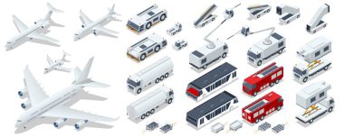 Isometric Servis Araçları, Otomatik Tahrik Merdiveni, Uçak Yolcu Uçağı. İş uçağı, şirket jeti. Havalimanı Çekici, Benzin ve İtfaiye Motoru
