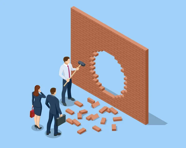 Isometric Breaking the Wall. An alternative Solution to the Problem. Businessman Solved Problem, New Solution, Success and Leadership. Breakthrough. Business concept — Stock vektor