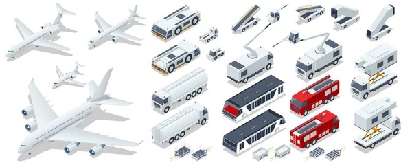 Isometric Service Vehicles, Self-Propelled Ladder, Airplane passenger plane. Business aircraft, Corporate jet. Aerodrome Tow Tractor, Gasoline and Fire Engine — Stock Vector