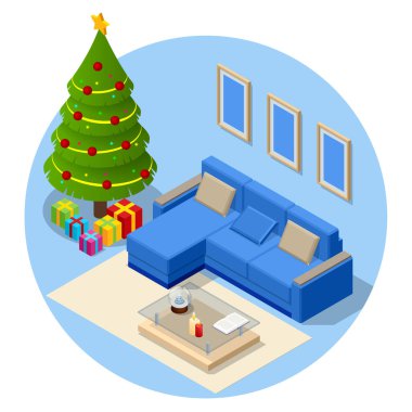 Isometric iç Noel. Parlayan Noel ağacı ve hediyeler. Noel arifesinde şöminenin yanında mutlu bir aile.