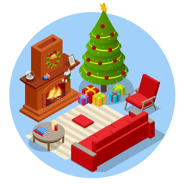 Isométrico interior de Navidad. Árbol de Navidad brillante, chimenea y regalos. Familia feliz junto a la chimenea en Nochebuena. — Archivo Imágenes Vectoriales