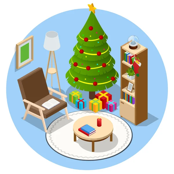 Isométrico interior de Navidad. Árbol de Navidad brillante y regalos. Familia feliz junto a la chimenea en Nochebuena. — Archivo Imágenes Vectoriales