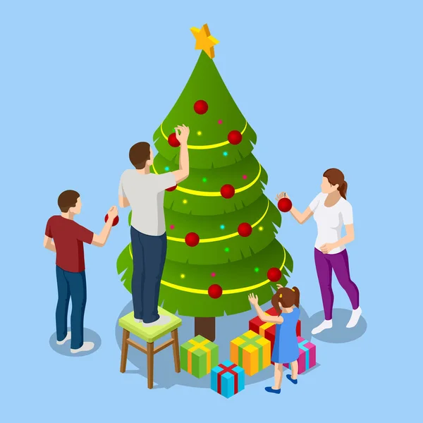 Ισομετρικά εσωτερικά Χριστούγεννα. Λαμπερό χριστουγεννιάτικο δέντρο και δώρα. Ευτυχισμένη οικογένεια με τζάκι την παραμονή των Χριστουγέννων. — Διανυσματικό Αρχείο