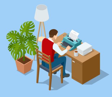 Isometric young busy worker typing on typewriter. World Writer Day. Writer editor journalist or copywriter workspace.