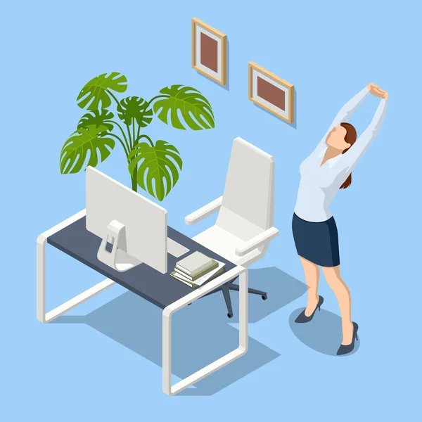 Isometric business and healthy lifestyle. Positive office worker distracted from work doing effective stretching exercises during the working day. Stretching exercise Worker doing stretching exercises — Stockvektor