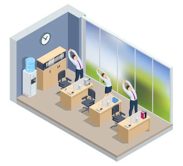 Isometric business and healthy lifestyle. Positive office worker distracted from work doing effective stretching exercises during the working day. Stretching exercise Worker doing stretching exercises — Stock vektor