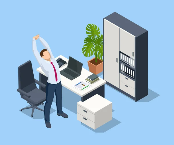 Isometric business and healthy lifestyle. Positive office worker distracted from work doing effective stretching exercises during the working day. Stretching exercise Worker doing stretching exercises — Stockový vektor