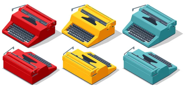 Isométrica máquina de escribir Vintage y papeles. Máquina de escribir en estilo retro. Día Mundial del Escritor. — Vector de stock