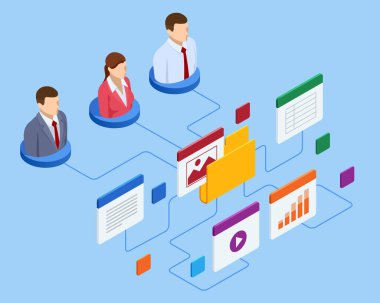 Veritabanındaki Isometric dosyası, belge akışı yönetimi kavramı. Bulut veri depolama ve uzak veri erişimi