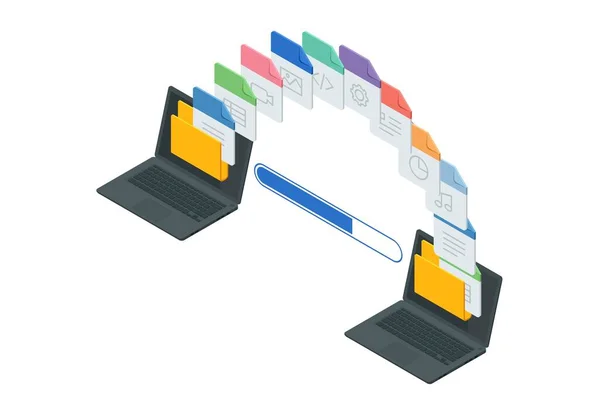 Isometric file in database, document flow management concept. Cloud data storage and remote data access — Stock Vector