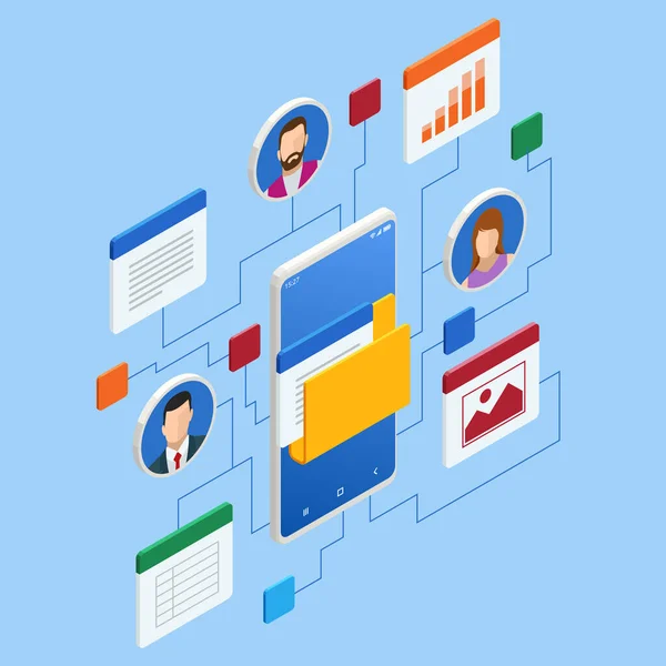 Fichier isométrique en base de données, concept de gestion du flux de documents. Stockage de données Cloud et accès à distance aux données — Image vectorielle