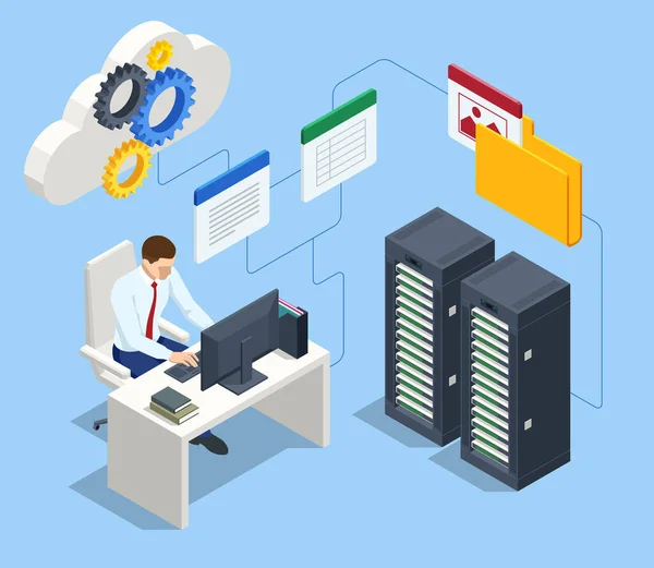 Isometrische Datei in der Datenbank, Dokumentenfluss-Management-Konzept. Cloud-Datenspeicherung und Fernzugriff auf Daten — Stockvektor