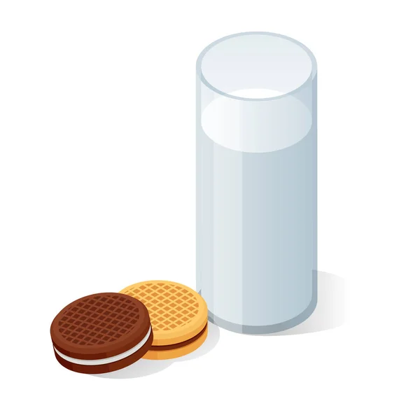 Izometrické čokoládové sušenky a sklenice mléka na bílém pozadí — Stockový vektor