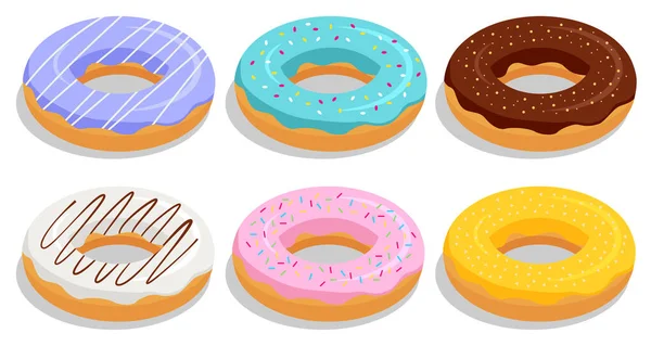 Isometric set of donuts with multicolored glaze. Sweet sugar icing donuts with different types, sugar, chocolate or maple glazing — Stock Vector