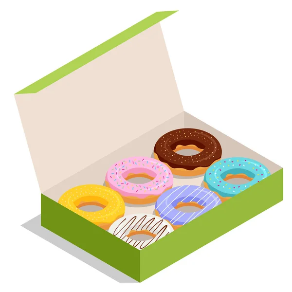 Isometric donuts with multicolored glaze in a paper box. Sweet sugar icing donuts with different types, such as sugar, chocolate or maple glazing — Stock Vector