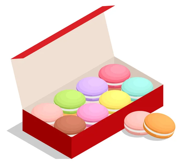 Isometrische Schachtel mit bunten Makronen. Dessert. Französischer Makronenkuchen. — Stockvektor