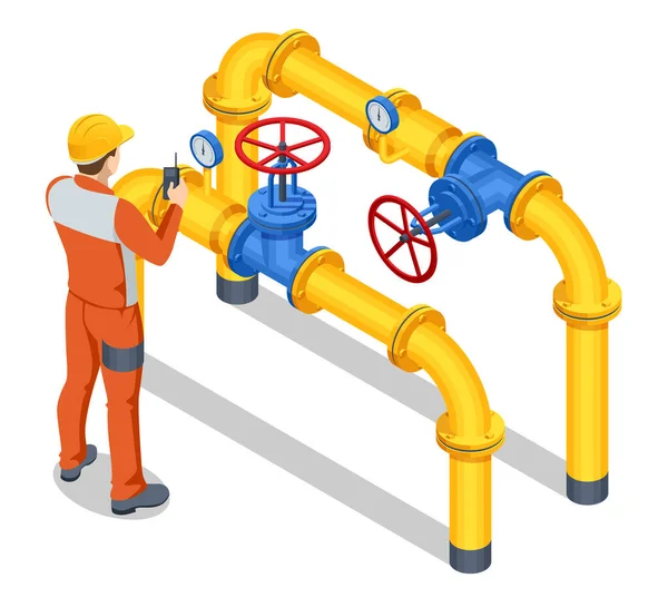 Isometriska ventiler och rör, kommunikation, stoppventiler, anordningar för bensinpumpstation. Öppnings- eller stängningsventil. Gasindustri, gastransportsystem. — Stock vektor