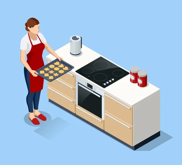 Isometrisk kvinna matlagning läckra kakor. Hemmafru Lagar mat i köket. Kaka färsk kaka för kvinnor. — Stock vektor