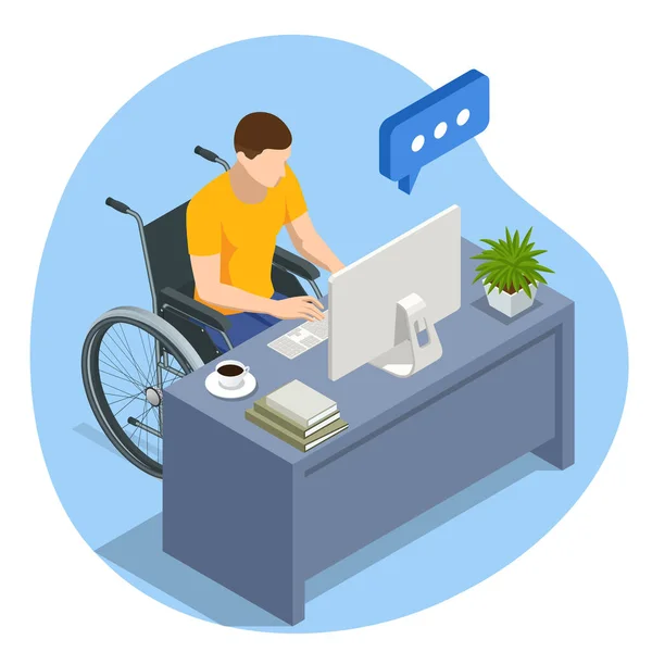 Homem isométrico em cadeira de rodas trabalhando em computador portátil em casa ou no escritório. Personagem de empresário deficiente no local de trabalho. Comunicação através da rede. Serviços de saúde —  Vetores de Stock