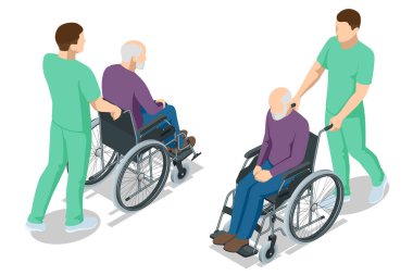 Tekerlekli sandalyedeki yaşlı bir hasta ve huzurevindeki bakıcısı. Doktor, hastanede tekerlekli sandalyede oturan bir hastayla ilgilenin..
