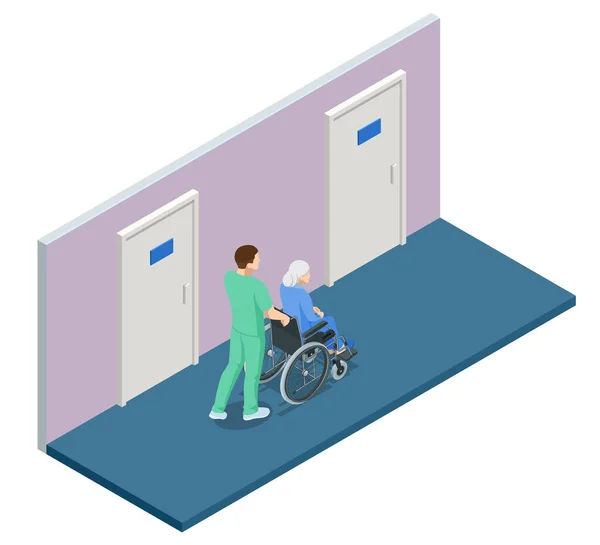 Isometrisk äldre patient i rullstol och vårdnadshavare på äldreboendet. Läkaren tar hand om en man som sitter i rullstol på sjukhus. — Stock vektor