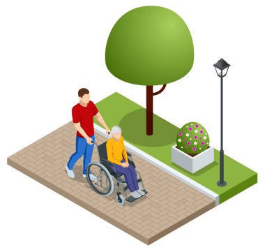 Isome oğlu engelli babasıyla parkta tekerlekli sandalyede yürüyor. Yardım, rehabilitasyon ve sağlık hizmetleri.