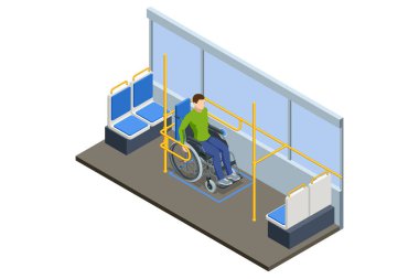 Otobüsle Seyahat Eden Tekerlekli Sandalyedeki Isometric Man. Sabit Yol Toplu Taşımacılık 'ta tekerlekli sandalye güvenliği. Güvenlikle at sürmek