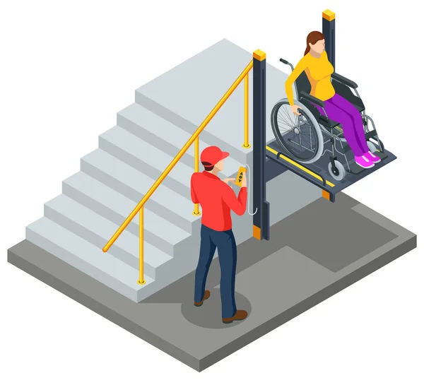 Isometrische moderne rolstoeltjeslift vlakbij het gebouw. De speciale lift voor gehandicapten. Aanpassing voor mensen met een handicap, gehandicapten. Bijstand, rehabilitatie en gezondheidszorg. — Stockvector