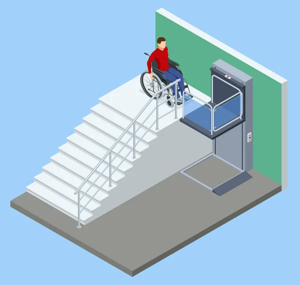 Isometrische moderne rolstoeltjeslift vlakbij het gebouw. De speciale lift voor gehandicapten. Aanpassing voor mensen met een handicap, gehandicapten. Bijstand, rehabilitatie en gezondheidszorg. — Stockvector