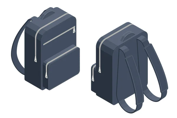 Isometrische Schultasche isoliert auf weiß. Rucksäcke für Schüler, Studenten. Rucksackrucksack für Schüler oder Studenten von vorne und hinten Seitenansicht — Stockvektor