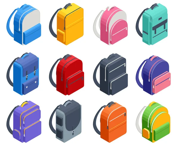 Isometrische farbige Schulrucksack isoliert auf weiß. Rucksäcke für Schüler, Studenten. Bildung und Studium zurück zur Schule, Schultasche, Rucksack — Stockvektor