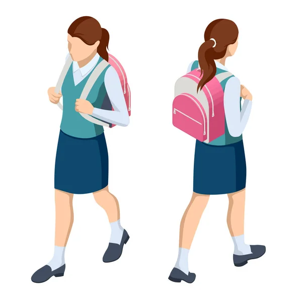 Isometrisk elev i skoluniform går i skolan med ryggsäck Utbildning. Början på ett nytt läsår. Tonårsstudent, kvinnlig gymnasieelev porträtt — Stock vektor