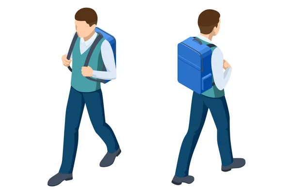 Estudiante isométrico en uniforme escolar va a la escuela con una mochila Educación. El comienzo de un nuevo año escolar. Estudiante adolescente, retrato de estudiante de secundaria masculino — Archivo Imágenes Vectoriales