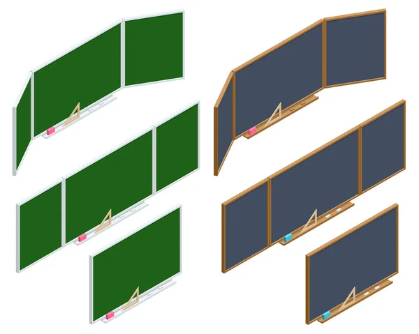 Tavole di gesso realistiche isometriche isolate su sfondo bianco. Lavagna bianca realistica verde e nera in cornice di legno — Vettoriale Stock