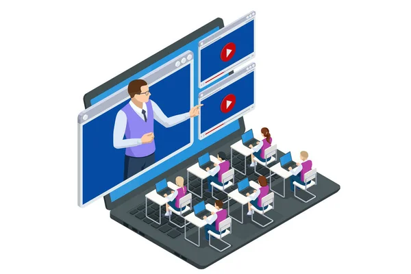 Conceito isométrico de ensino à distância. E-learning, educação on-line em casa. Educação online em sala de aula digital —  Vetores de Stock